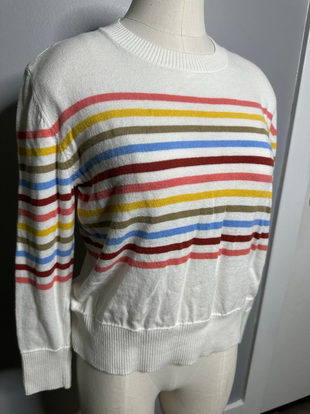 LL Bean White Multi-Color Stripes Sweater Cotton Cashmere Blend Preppy XS - Picture 1 of 10